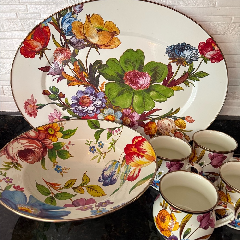 Mackenzie Childs White Flower Market Oval Platter, 4 Mugs and Bowl